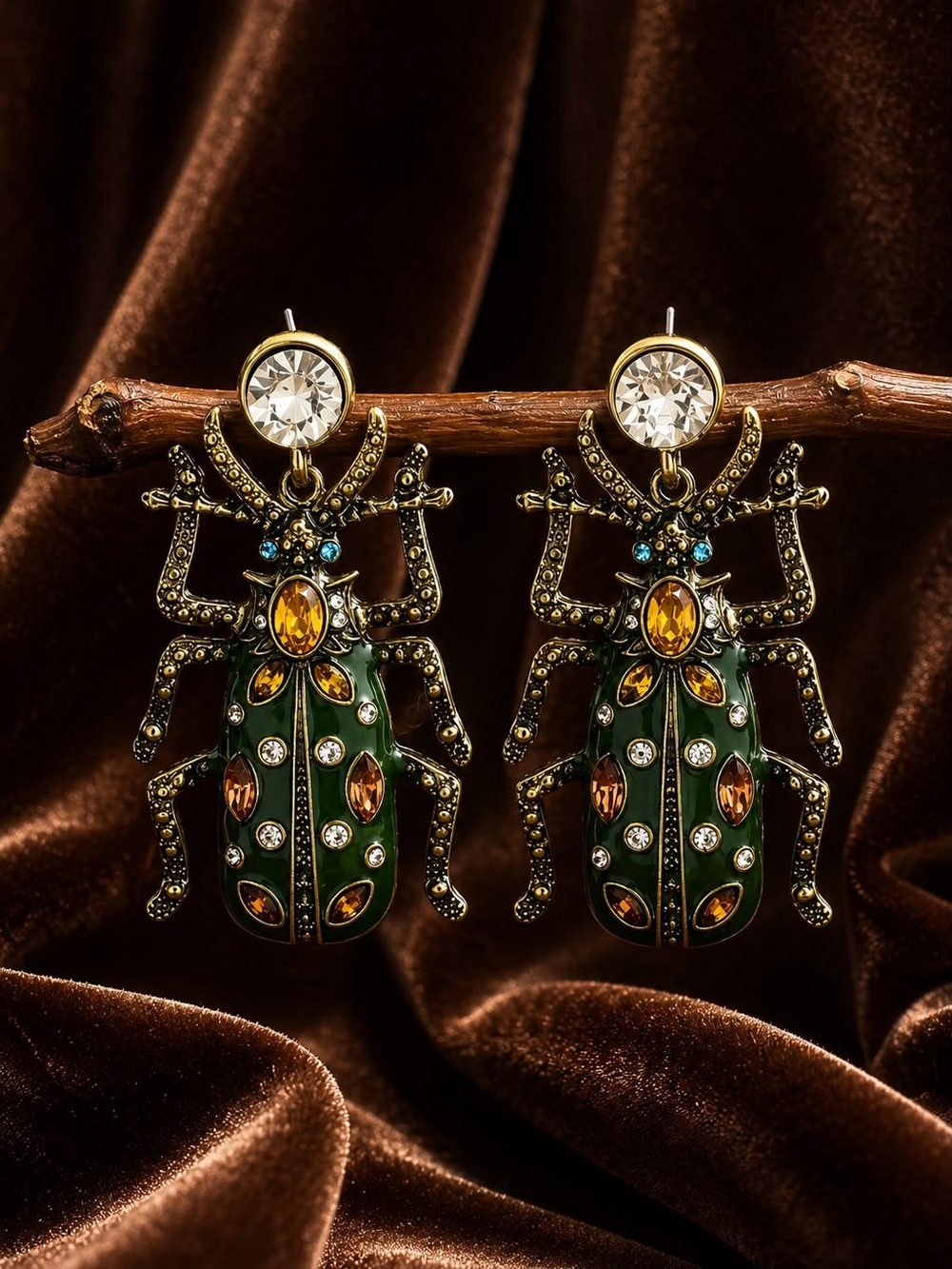 Gold and Green Beetle Drop Earrings - Designer Statement Jewelry - Picture 3 of 8